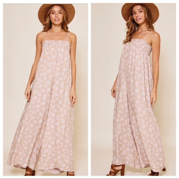 #01 Fabulous Boho Sleeveless Leaf Print Wide Leg Jumpsuit - Picture 2 of 4